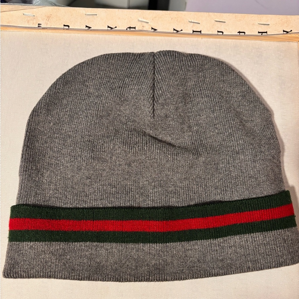 Gucci Gray Beanie with Green and Red Stripes